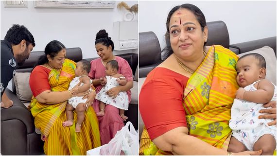 2 லட்டு குட்டியும் பாட்டிக்கிட்ட வாங்க... சினேகன் கன்னிகா குழந்தைகளை கொஞ்சிய  நளினி!