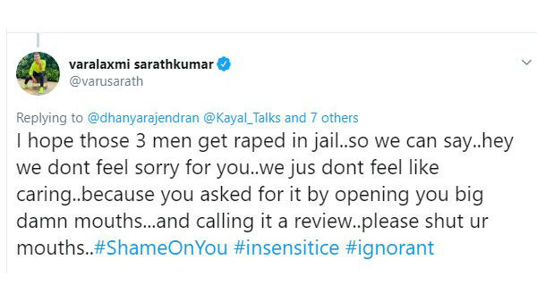 NKP review Varalaxmi Tweets I hope those 3 men get raped in jail