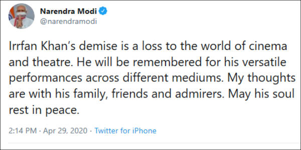 PM Modi condoles for Irfan Khan demise 