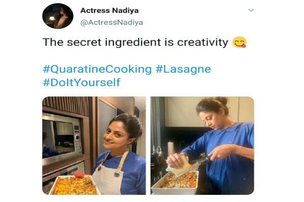 Actress Nadhiya uploades a photo of herself cooking