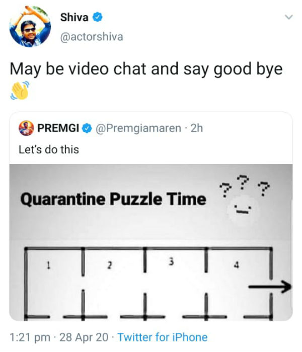  Actor Premji posted a quarantine puzzle time on his Twitter page