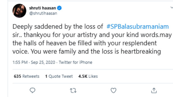 ஸ்ருதி ஹாசன் இரங்கல்