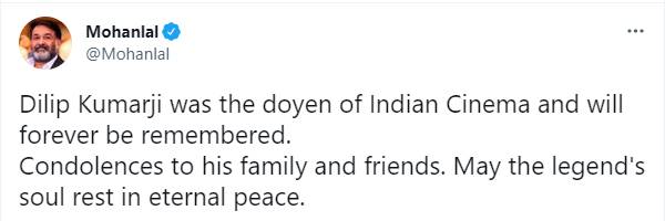 Actor Mohan lal mourns for Dilipkumar demise 