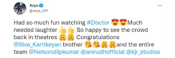 பாராட்டிய ஆர்யா