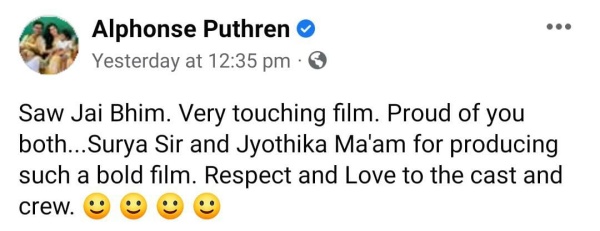 பிரேமம் பட இயக்குனர் பாராட்டுக்கள்