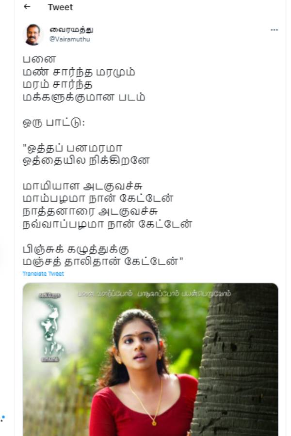 Vairamuthu wrote a beautiful lyrics for Panai movie
