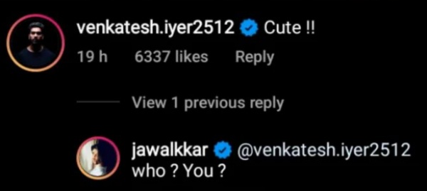 cricketer Venkatesh Iyer Comment on Actress Priyanka Jawalkar photo