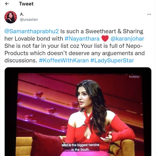 நயன்தாராவை பாராட்டிய சமந்தா