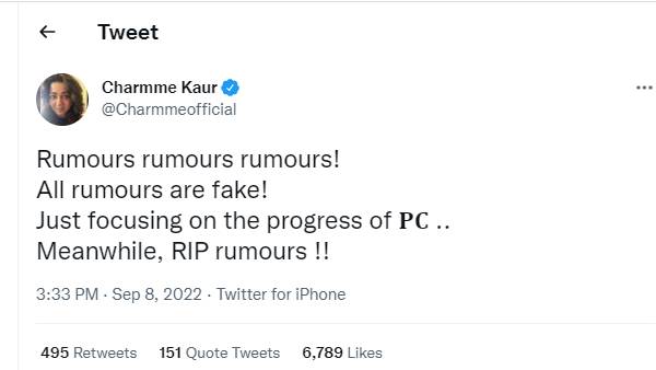 ட்விட்டரில் விளக்கம் கொடுத்த ஷார்மி ட்விட்டரில் விளக்கம் கொடுத்த ஷார்மி