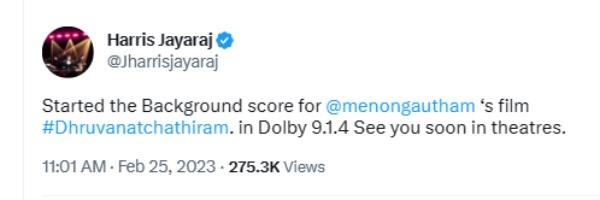  ஹாரிஸ் ஜெயராஜ் கொடுத்த அப்டேட்