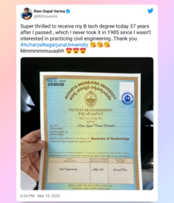 37 வருடங்களுக்கு பிறகு டிகிரி பெற்ற ராம்கோபால் வர்மா 