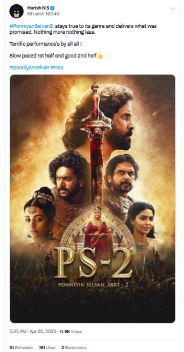 Ponniyin Selvan 2 Twitter Review in Tamil 