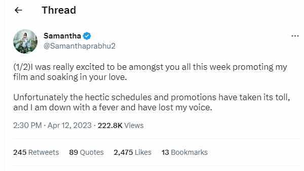 actress Samantha is again suffering from fever fans are worried