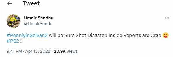  PS 2: Netizens are blasting Umair Sandhu for tweeting the first review of Ponniyin Selvan 2