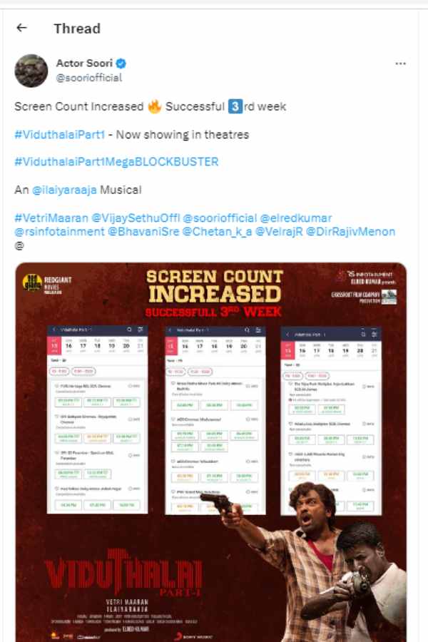 Vetrimaarans Viduthalai movie enters in 3rd week and the screen count increases 
