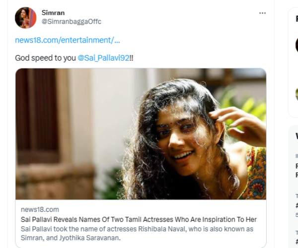 Actress Sai pallavi hails Actress Simran for inspiring her in Cinema career Actress Sai pallavi hails Actress Simran for inspiring her in Cinema career