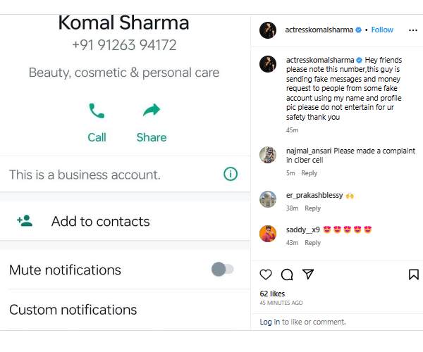 Actress Komal Sharma alerts her fans over money fraud happens with her name 