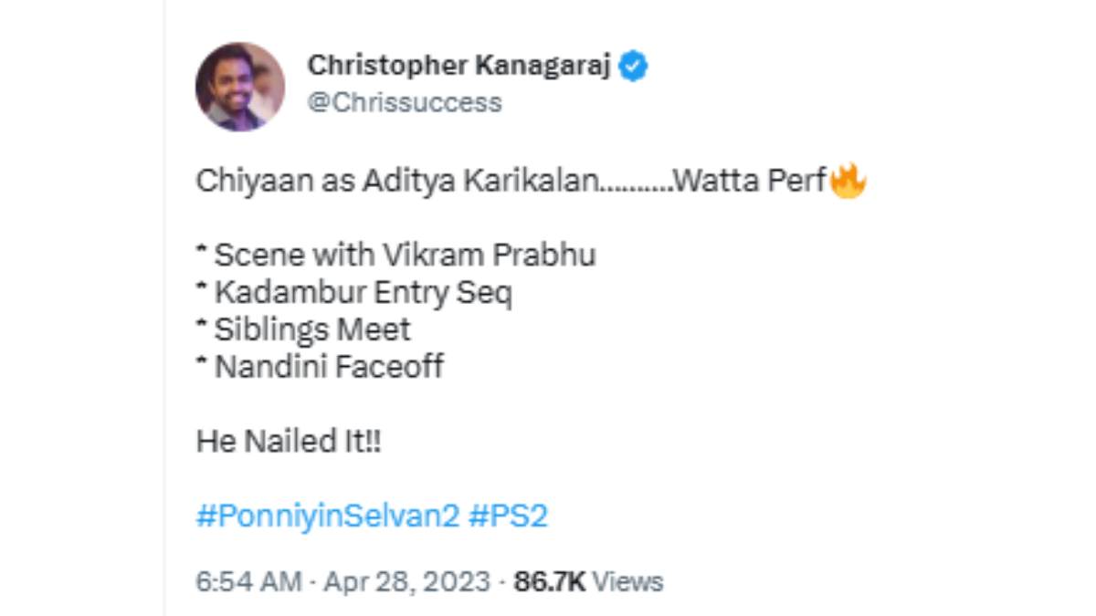  Chiyaan Vikrams performance in Ponniyin Selvan 2 has received a huge response from fans