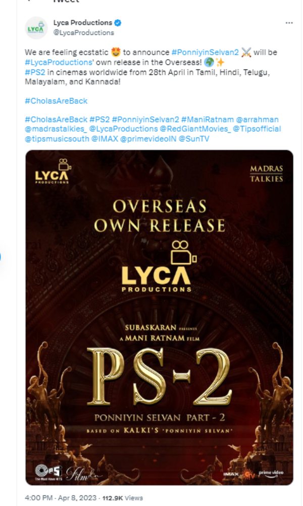  PS 2: Ponniyin Selvan 2 will be Lyca Productions own release the Overseas 