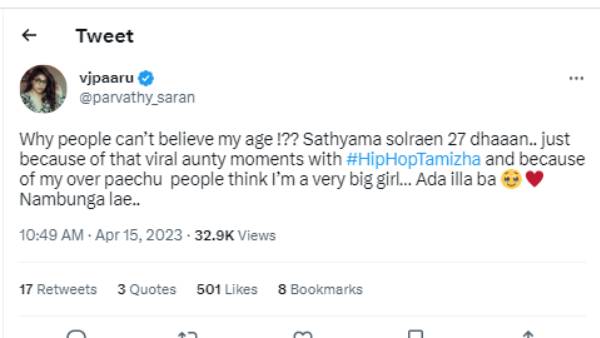 VJ Parvathy upsets over fans dont believe her age and call her as aunty 