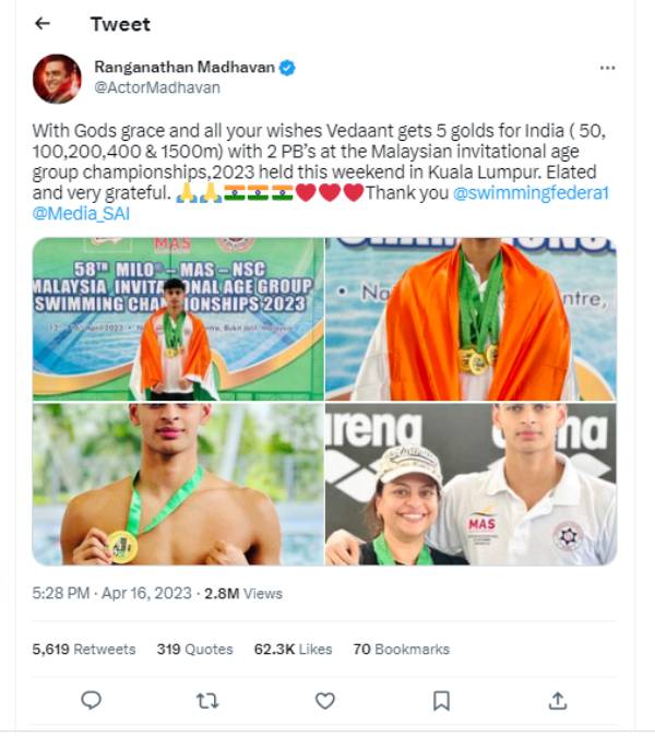 TTV Dhinakaran praises Actor Madhavans son Vedaant Madhavan for winning Gold Medals TTV Dhinakaran praises Actor Madhavans son Vedaant Madhavan for winning Gold Medals