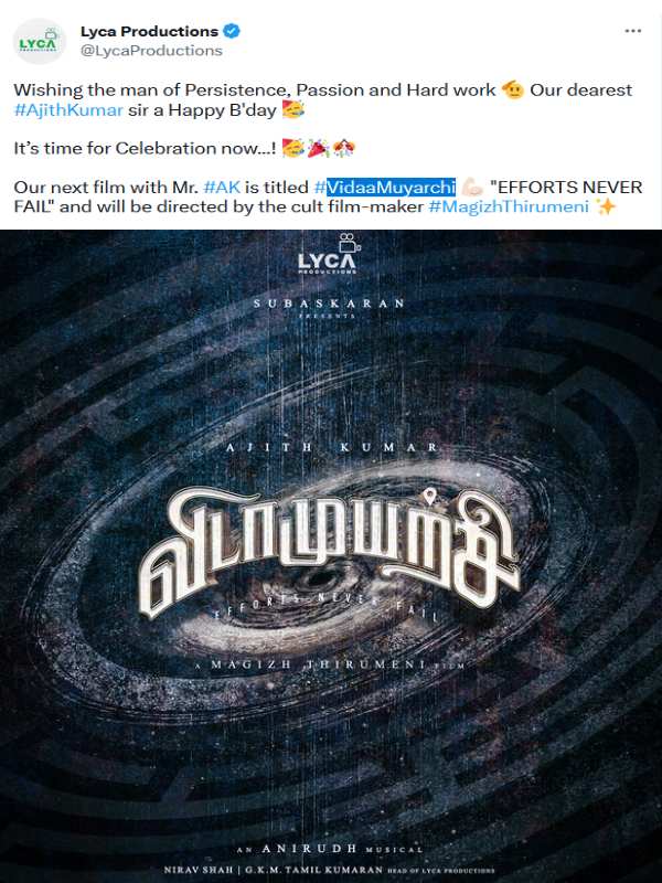 AK 62 titled as Vidamuyarchi, a perfect treat for Ajith Kumar fans on his birthday AK 62 titled as Vidamuyarchi, a perfect treat for Ajith Kumar fans on his birthday