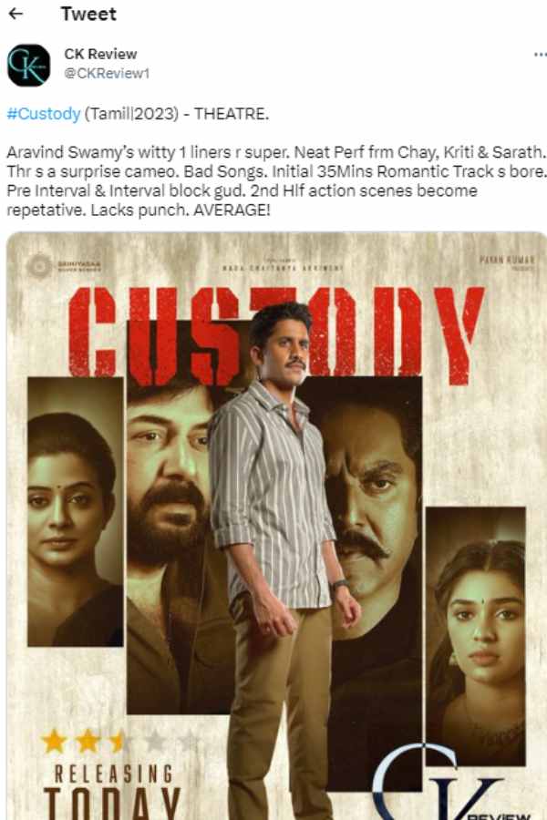 Naga Chaitanyas Custody Twitter Review in Tamil 