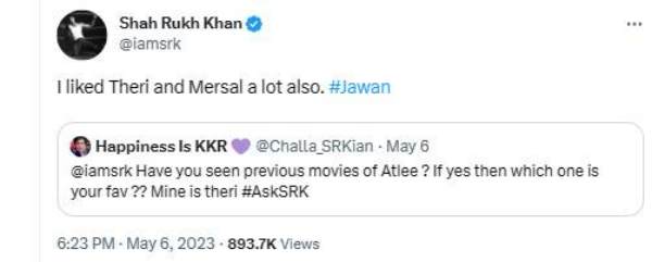 Actor Shah rukh khan answers to Fans question in Twitter page and hails Atlees movies 