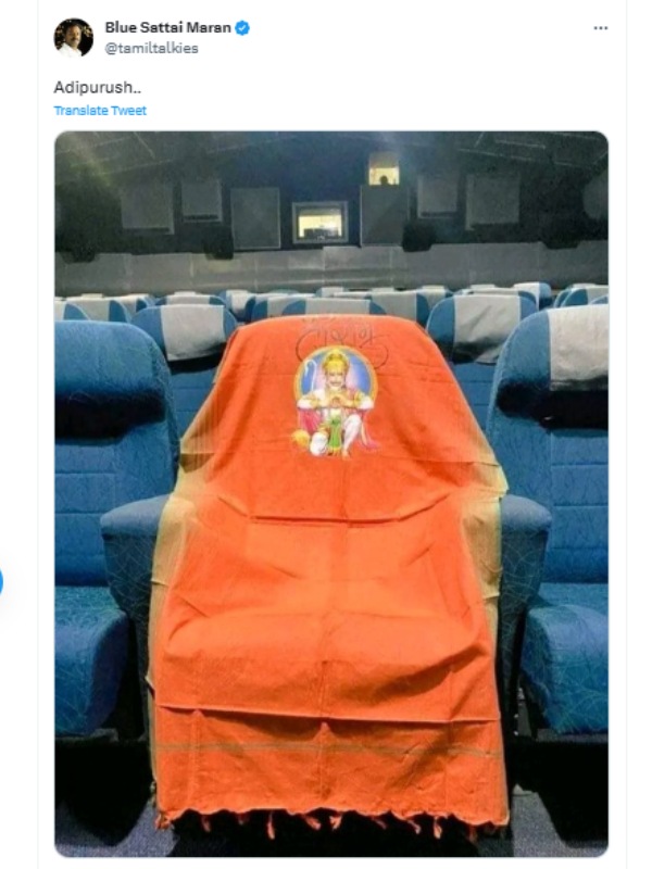 Blue Sattai Maran shares photo of seperate Hanuman seat in theater for Adipurush 