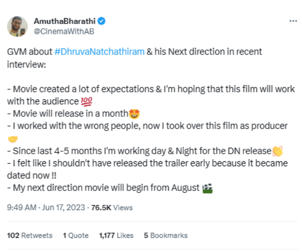 Director Goutham menon updates about the release of Vikrams Dhruvanatchathiram 