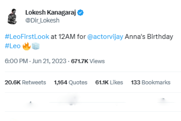 Leo First Look Will Release at 12 Am Says Lokesh kanagaraj 