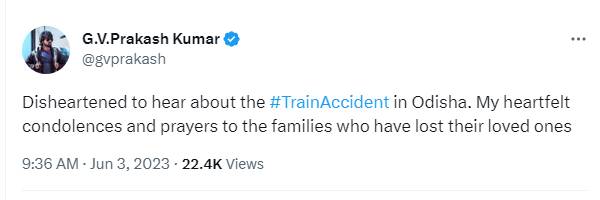Jr NTR and GV Prakash condoled for Odisha Train Accident deaths