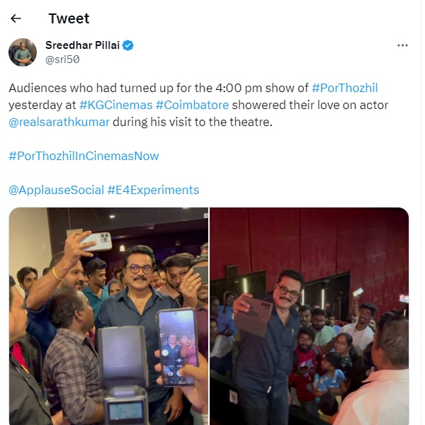 Actor Sarathkumar makes kovai fans happy on Por thozhil movie 