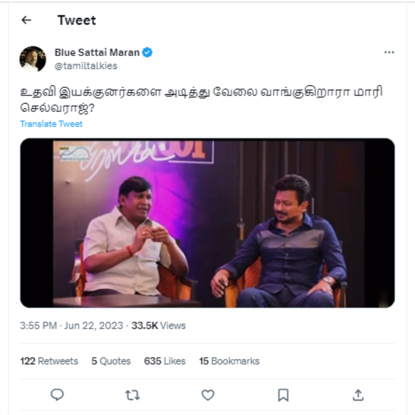 Blue sattai Maran Criticized mari selvaraj 