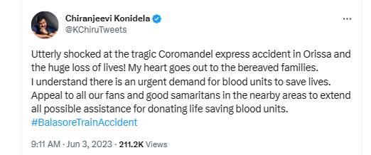 Actor Chiranjeevi deep condolences for odisha train accident