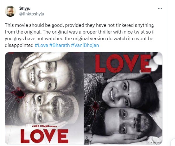 Bharath and Vani Bhojan starrer Love Twitter review Bharath and Vani Bhojan starrer Love Twitter review