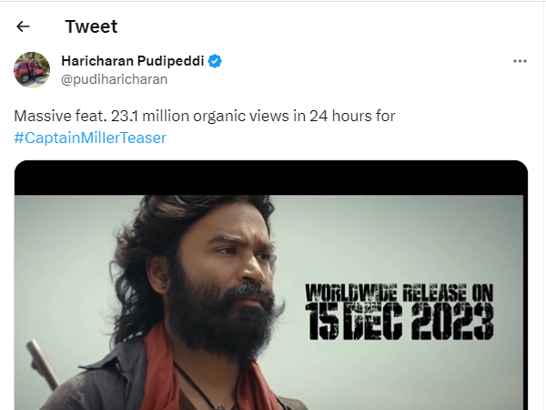 Actor Dhanushs Captain miller movie teaser gets 23.1 Million views in just 24 hours