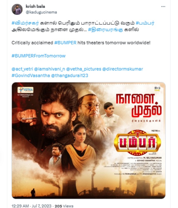 Vetri and Shivani Narayanans Bumper movie Twitter Review and Reactions in Tamil 