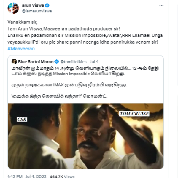  Maaveeran: Blue Sattai Maran tweet about the Maaveeran movie being trolled 