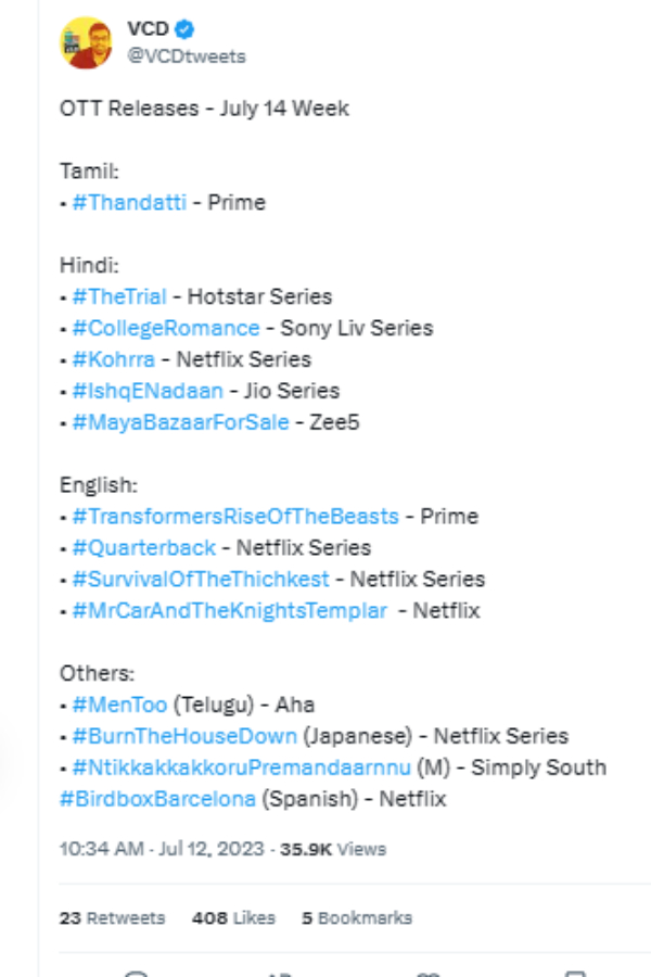 This weeks OTT release movie list and Thandatti release in Prime