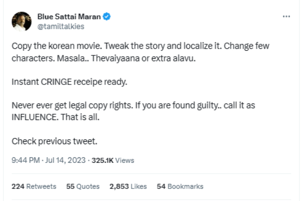  Blue Sattai Maran: Blue Sattai Maran criticized Maaveeran as a copy of the Korean film 