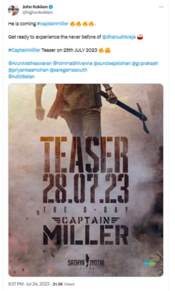 Actor John Kokken says Captain miller movie is in range of Hollywood movies