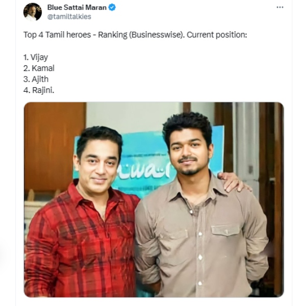  Blue Sattai Maran announced business-wise Top 4 heroes in Kollywood