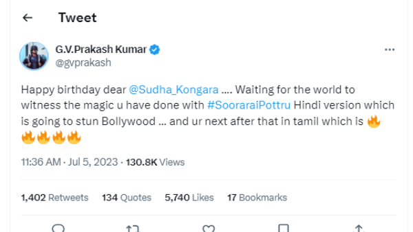 G. V. Prakash Kumar conveyed his heartfelt wishes to director Sudha Kongara