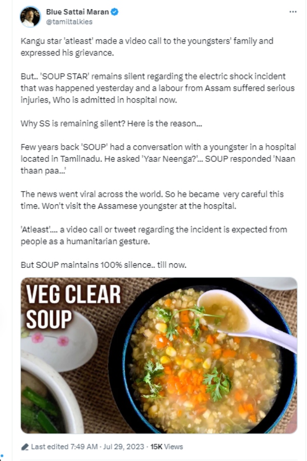 Blue Sattai Maran trolls Rajinikanth with a Soup Star comment