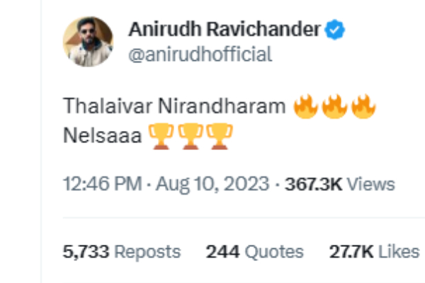 Music director of Jailer movie Anirudh shares the trending hashtag Thalaivar Nirandharam in his twitter page
