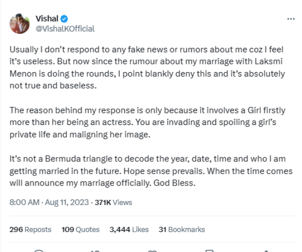 Actor Vishal opens up about the Marriage rumours with Laxmi menon