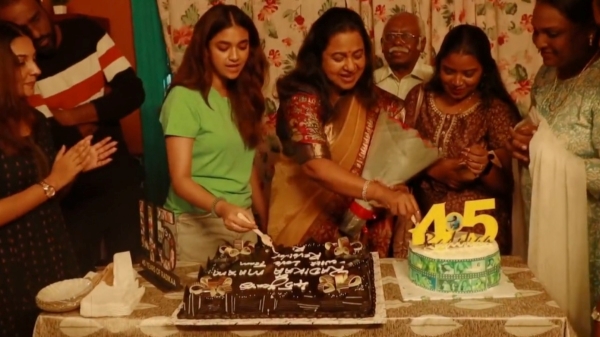 Actress Radhika Sarathkumar completes 45 years of film career and celebrates with cake cutting