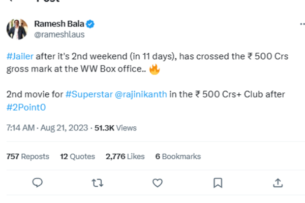  Jailer Box Office: Rajinis Jailer has collected 500 crores worldwide Box Office 