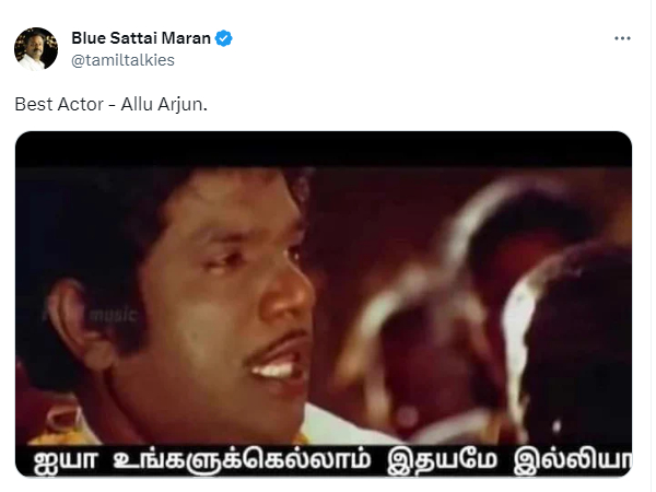 Blue Sattai Maran criticize National Award for Allu Arjun in Best Actor category